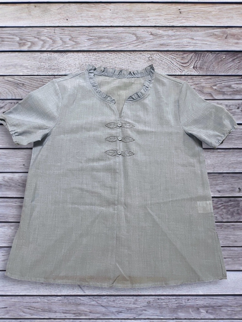 Vintage Light blue Ruffle Neck Short Sleeve Top small